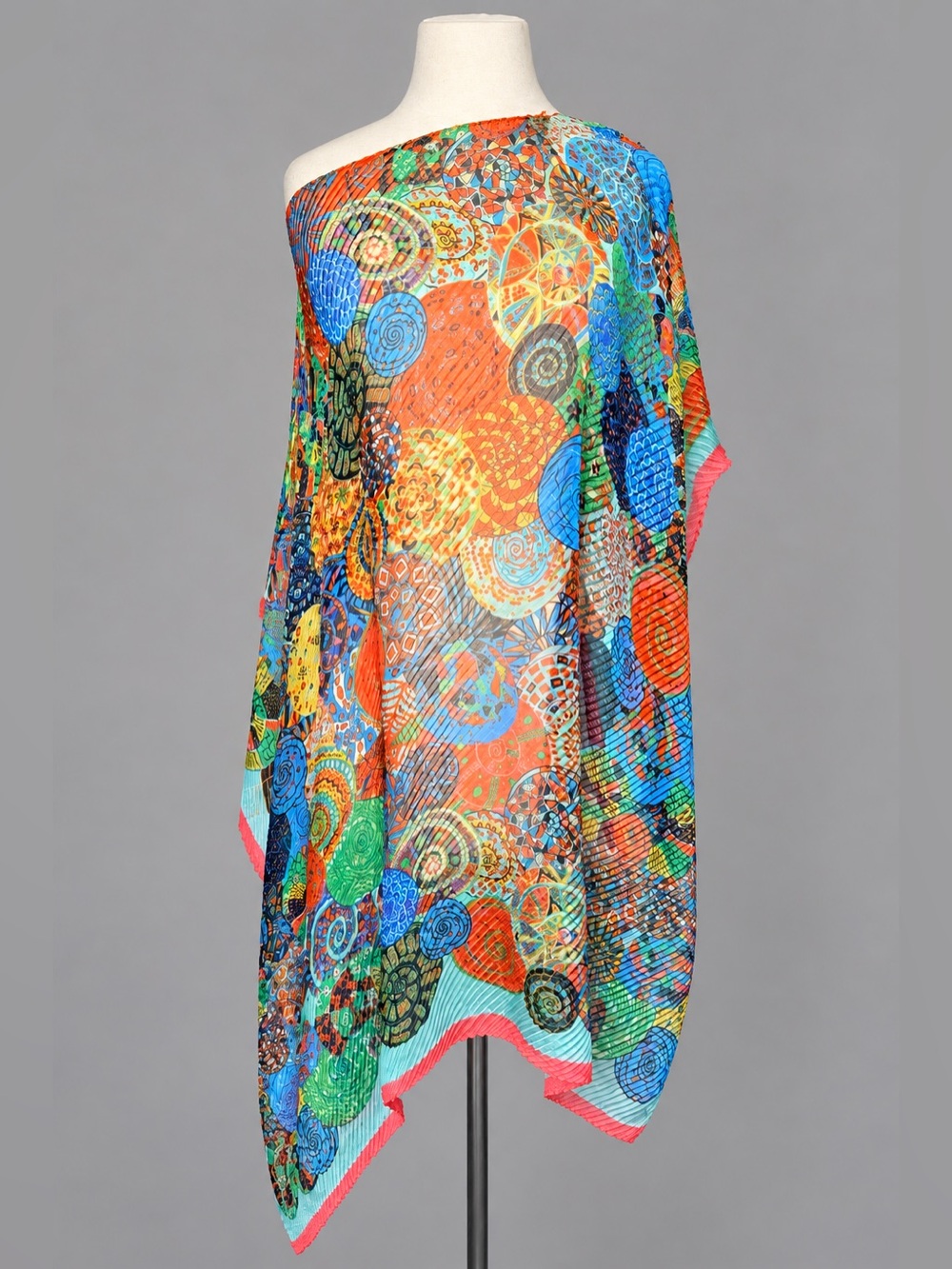 Silk Viscose Pleated Kaftan Poncho Tunic Abstract Art Print Boho One Size